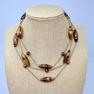 Vintage Multi-Layer Tiger's Eye Bullet Bead Station Necklace Rope Chain 16"
